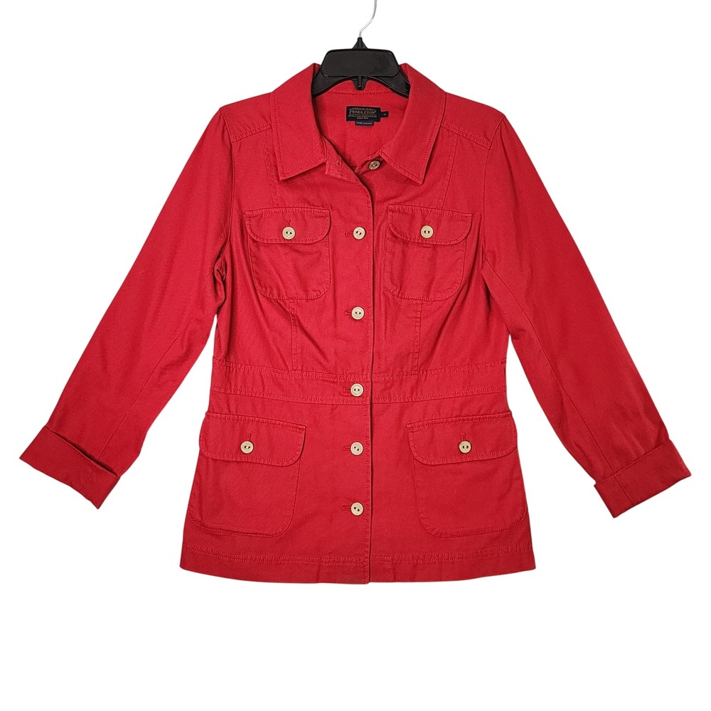 Pendleton Womens Red Utility Safari Jacket Cotton Field Button Front Size Medium